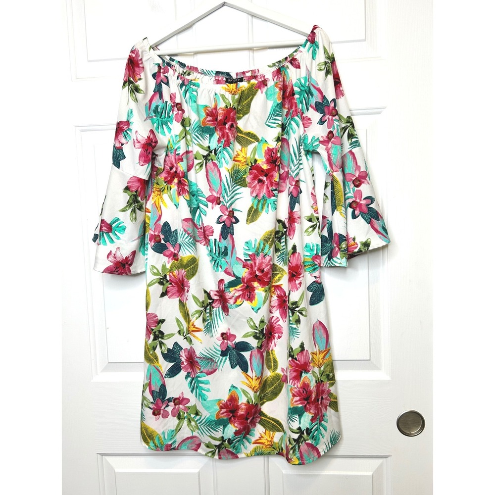 New Glory NWT Floral Mini Dress Large Off Shoulder Bell Sleeve